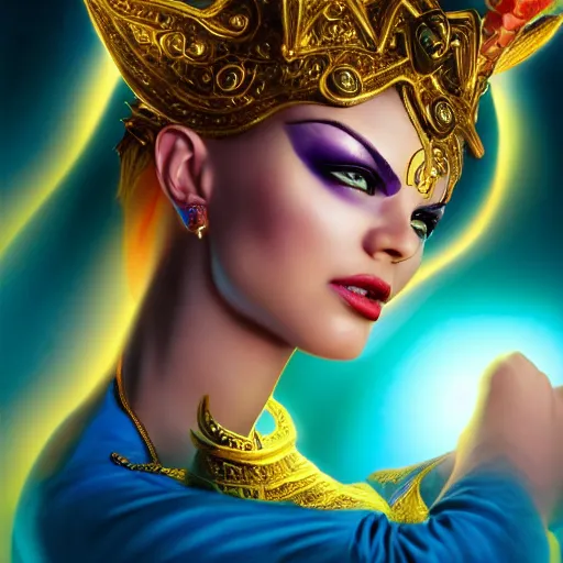 Image similar to all powerful genie, ecstatic, infinite power, manic, perfect eyes, full body shot, magical being, magic, portrait, noble, transformation, vivid colors, elegant, concept art, sharp focus, digital art, Hyper-realistic, 4K, Unreal Engine, Highly Detailed, HD, Dramatic Lighting by Brom, trending on Artstation