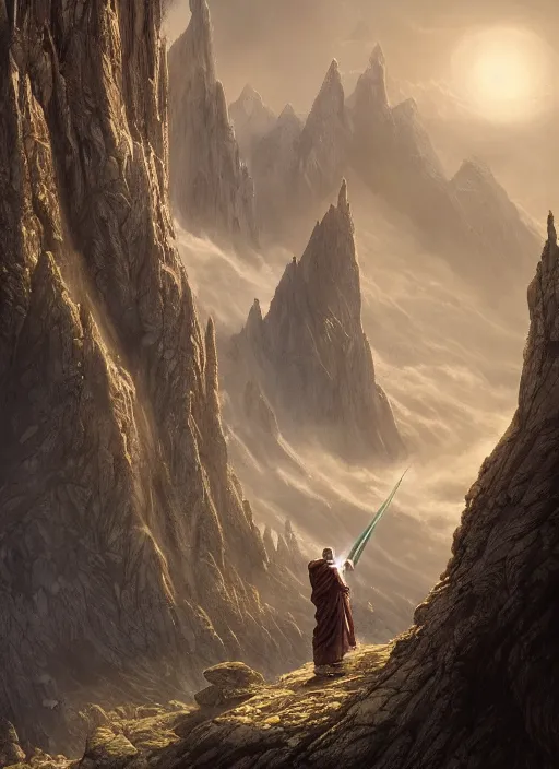 Prompt: a cosmic monk in lord of the rings scenery landscape, looking at a huge futuristic spacecraft hovering in the sky, highly detailed, vivid color, cinematic lighting, perfect composition, 8 k, gustave dore, derek zabrocki, greg rutkowski, belsinski, octane render