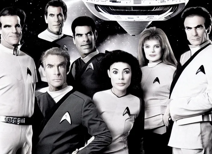 Image similar to a promo photo from a 1 9 9 0 s sci - fi tv programme, star trek tng, deep space 9, babylon 5, quantum leap, vhs distortion