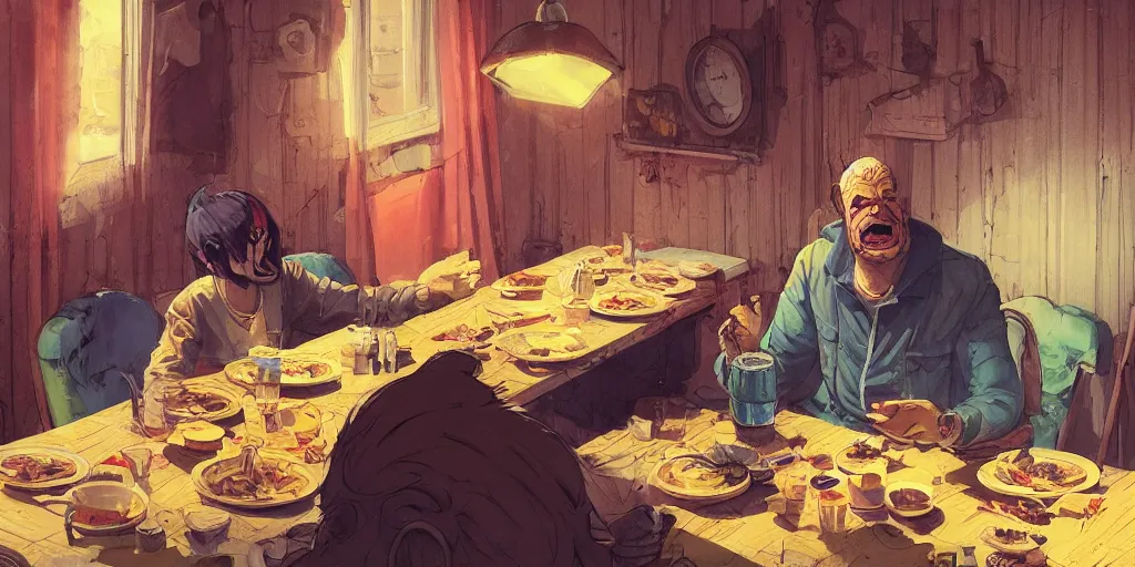 Prompt: cartoonish neil young eating dinner, vivid colors, character sheet, fine details, concept design, contrast, kim jung gi, greg rutkowski, trending on artstation, 8 k, full body, turnaround, front view, back view, ultra wide angle