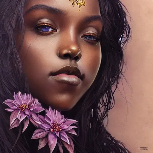 Prompt: Hyperrealistic beautiful sexy ethereal dark skinned girl portrait, art nouveau, fantasy, intricate flower designs, elegant, highly detailed, sharp focus, art by Artgerm and Greg Rutkowski and WLOP