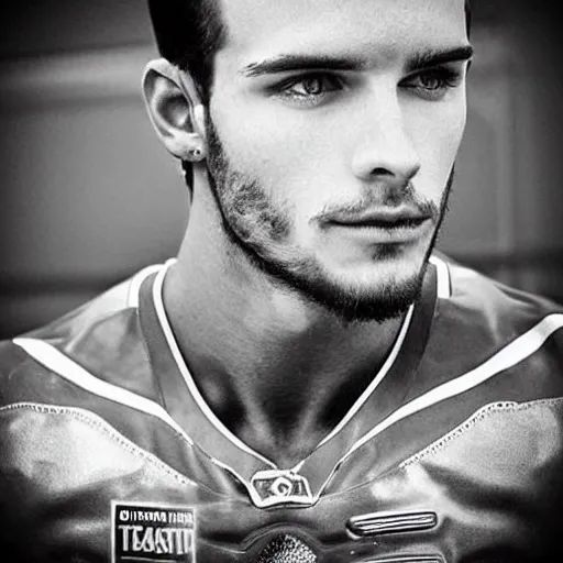 Image similar to “a realistic detailed photo of a guy who is an attractive humanoid who is half robot and half humanoid, who is a male android, Tyler Seguin, shiny skin, posing like a statue, blank stare”