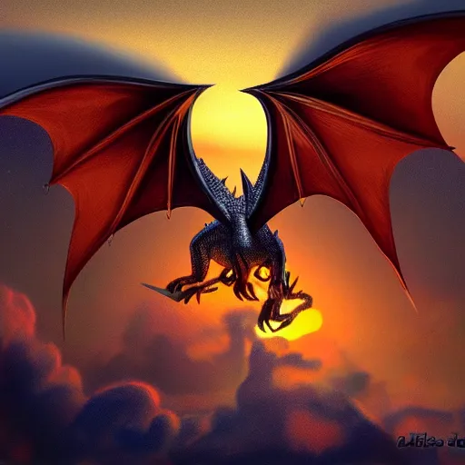Prompt: Fantasy art of a dragon flying into the sunset.