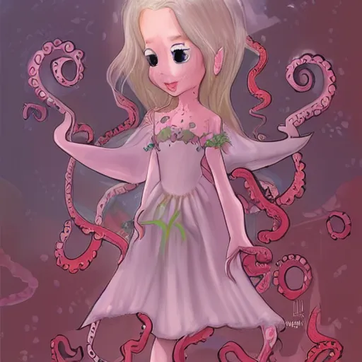 Prompt: a cute octopus girl with a flowy dress under the sea trending on art station