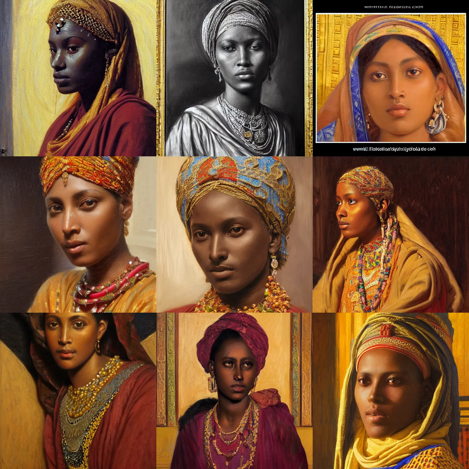 Prompt: orientalism face detail of a beautiful somali consort in a palace by edwin longsden long and theodore ralli and nasreddine dinet and adam styka, masterful intricate art. oil on canvas, excellent lighting, high detail 8 k