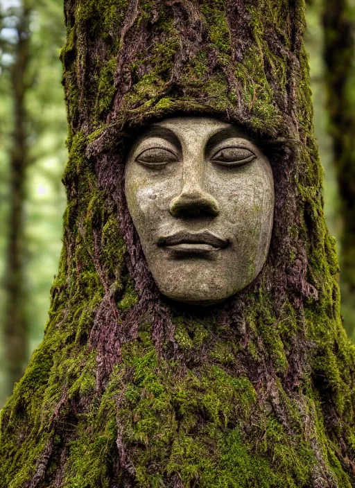 Image similar to photograph of hyperrealistic hyperdetailed ancient face in a tree covered with bark and moss, dark mysterious forest at sunset