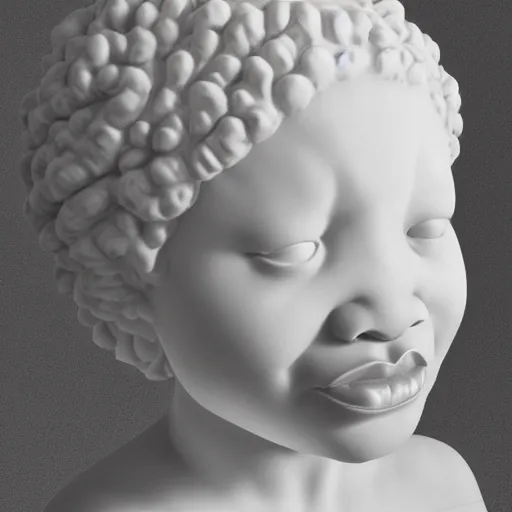 Image similar to a photorealistic all white marble sculpture of a black girl in a afro crying