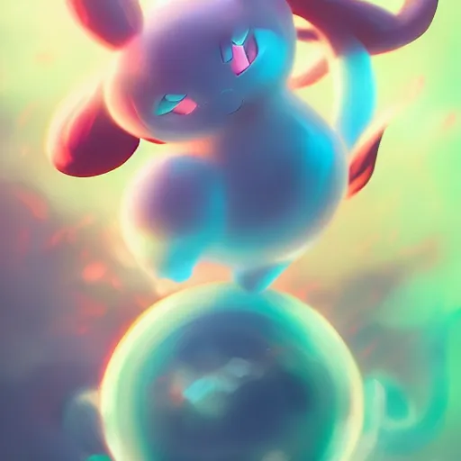 Image similar to cinematic portrait of beautiful Mew Pokemon on blue bubble, oil on canvas, masterpiece, trending on artstation, featured on pixiv, cinematic composition, dramatic pose, beautiful lighting, sharp, details, hyper-detailed, HD, HDR, 4K, 8K