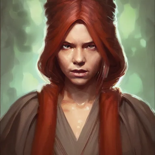 Image similar to portrait of a woman by greg rutkowski, jedi knight jade skywalker, wavy copper hair, jedi robes, star wars expanded universe, she is about 2 0 years old, wearing jedi robes, highly detailed portrait, digital painting, artstation, concept art, smooth, sharp foccus ilustration, artstation hq