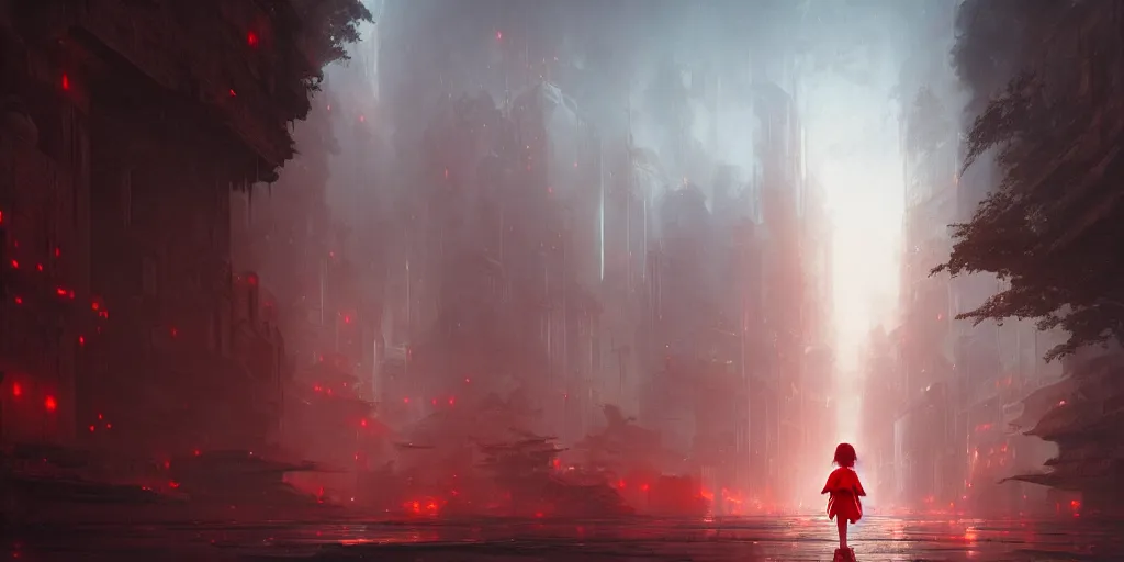 Prompt: a lost city with a loli in red standing in the middle of the road, 4 k resolution, ultra detailed, matte oil painting, mysterious, artstation, art by greg rutkowski