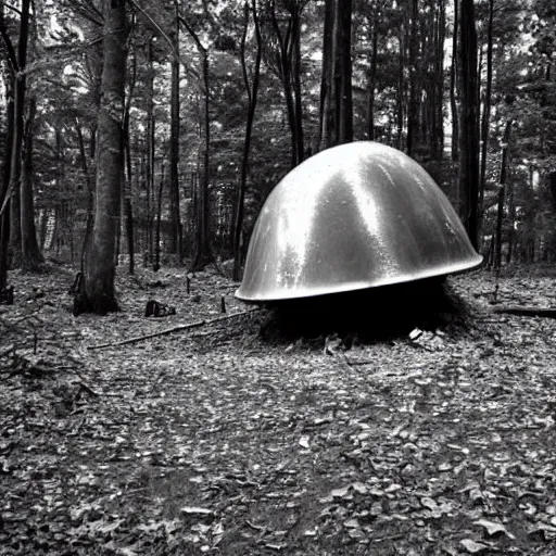 Prompt: a crashed ufo in the forest, black and white photo