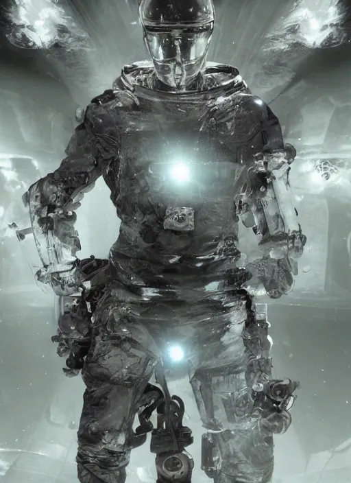 Image similar to astronauts in dark and empty void underwater - complex and hyperdetailed technical suit. reflection and dispersion materials. rays and dispersion of light. volumetric light. 5 0 mm, f / 3 2. noise film photo. flash photography. ultra realistic, wide angle. poster by wayne barlowe, hajime sorayama aaron horkey, craig mullins