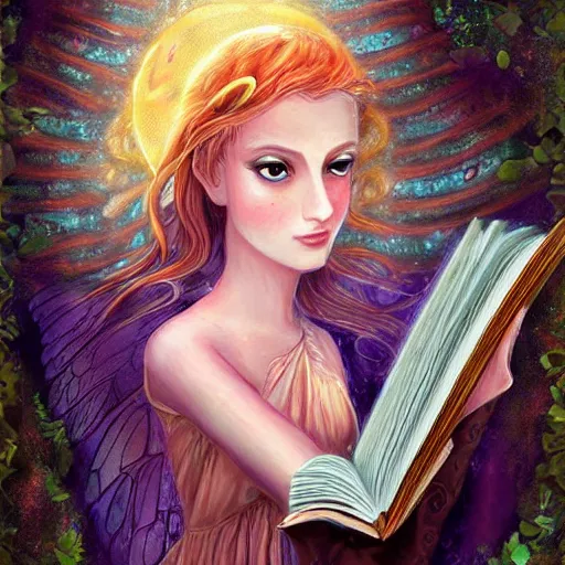 Image similar to a very beautiful fairy with a beautiful detailed face, the fairy hovers above an old opened book, digital painting, fantasy art