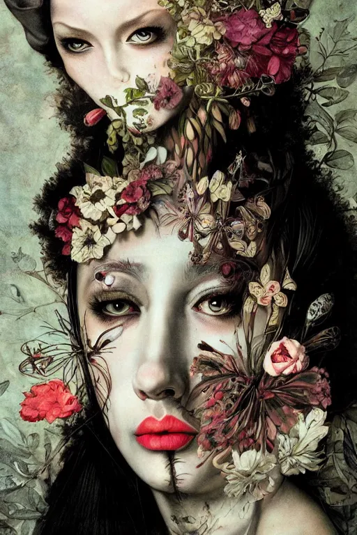 Image similar to Detailed maximalist portrait a with large lips and with large white eyes, angry expression, fleshy botanical, HD mixed media collage, highly detailed and intricate, illustration in the style of Caravaggio and Ryohei Hase, dark art, baroque