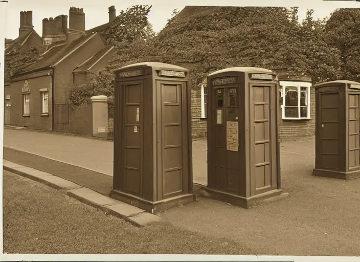 Prompt: photo of a metropolitan police box in front of houses in suburban london, police box, 1936, sepia