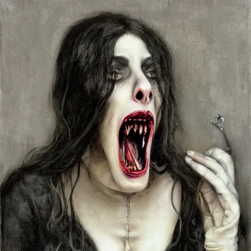 Prompt: a realistic painting of a beutiful female victorian vampire screaming by Santiago Caruso, H 1024 W 1024