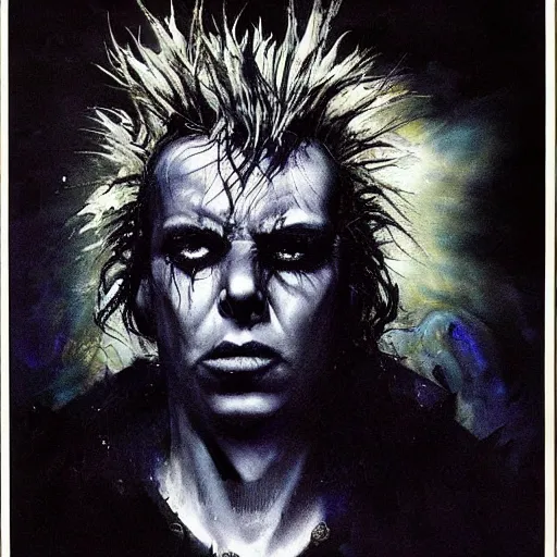 Image similar to stunning portrait of gaunt sid vicious a ( the cure fan ) as dream from sandman, dim stars as eyes, by jeremy mann, by cedric peyravernay, by by russ mills, by richard avedon and ben templesmith, dramatic lightning, sadness, dark eye sockets, in the shadows, punk rock, gothic, high detailed, 8 k