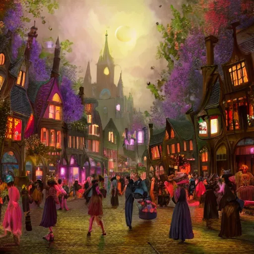 Prompt: A bustling magical town with witches and black cats dancing around a colorful music festival in its center, inspired by Victorian England and Amsterdam, highly detailed, digital painting, artstation, concept art, matte painting