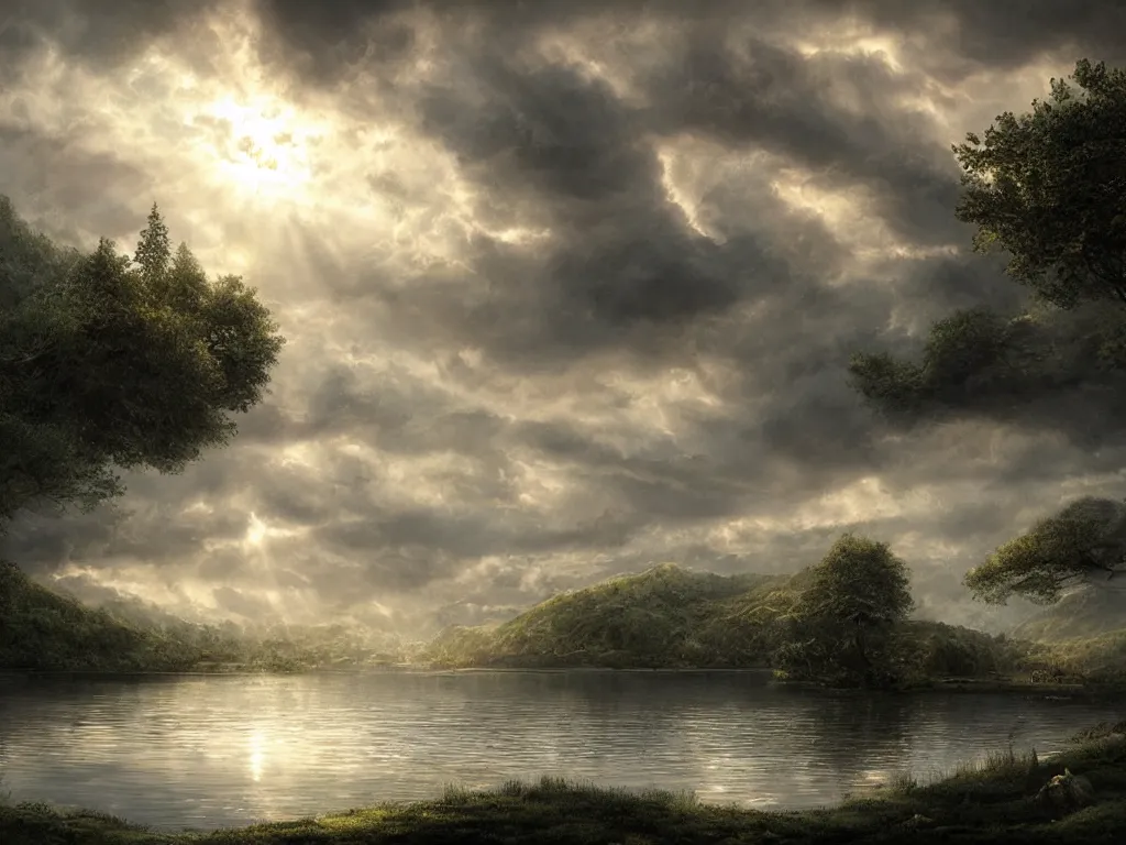 Prompt: a cinematic landscape view over a lakeside, the sun shines through the parted clouds, digital painting, fantasy, art by alexandre mahboubi and christophe oliver