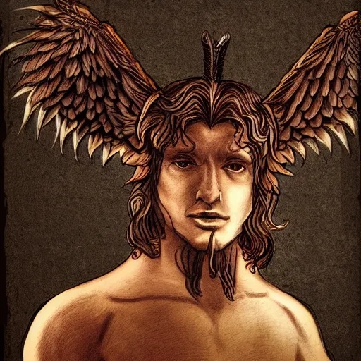 Image similar to human / eagle / lion / ox hybrid. horns, beak, mane, human body. drawn by da vinci