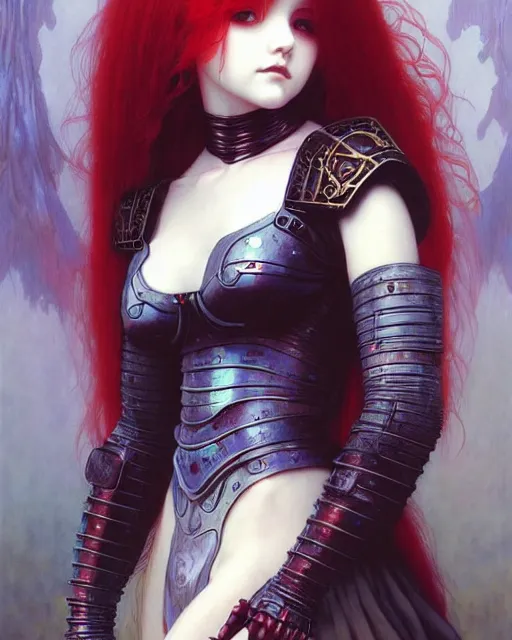 Image similar to portrait of beautiful cute young goth maiden girl with red hair in warhammer armor, art by ( ( ( kuvshinov ilya ) ) ) and wayne barlowe and gustav klimt and artgerm and wlop and william - adolphe bouguereau