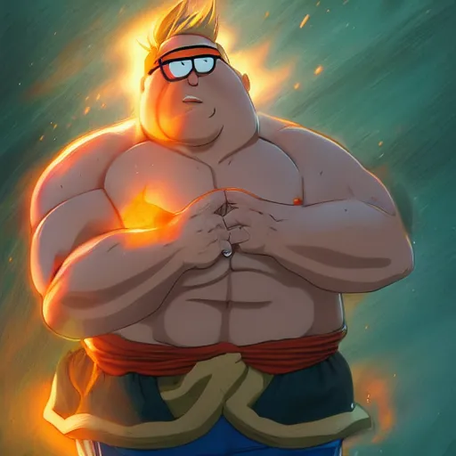 Image similar to peter griffin going super sayain, au naturel, hyper detailed, digital art, trending in artstation, cinematic lighting, studio quality, smooth render, unreal engine 5 rendered, octane rendered, art style by klimt and nixeu and ian sprigger and wlop and krenz cushart