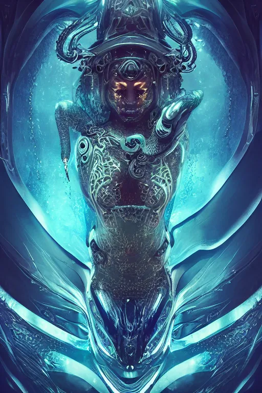 Prompt: a centered render of an ancient futuristic dragon with digital modifications surrounded by a underwater ink pour and flowing liquid gallium and complex sacred geometry, perfect body and face, powerful, cinematic, beautifully lit, by beeple, by artgerm, by karol bak, 3 d, trending on artstation, octane render, 8 k