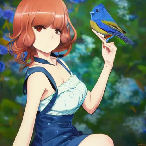 Image similar to colored pencil, anime art, beautiful full body female pinup girl, she is holding an indigo bunting bird, in her hand, the bird is wearing a bowtie, wlop, rossdraws sakimimichan, ilya kuvshinov, krenz cushart, greg rutkowski