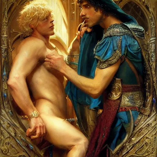 Image similar to stunning arthur pendragon in love with stunning male merlin the mage. they are close to each other. highly detailed painting by gaston bussiere, craig mullins, j. c. leyendecker