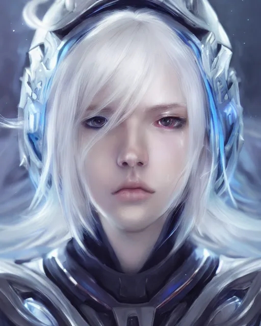 Image similar to perfect white haired girl, warframe armor, beautiful, dreamy, portrait, highly detailed, digital painting, trending on artstation, concept art, sharp focus, illustration, pretty face, blue starry eyes, scifi platform, front lit, laboratory, experiment, masterpiece, art by masayoshi tanaka, akihiko yoshida, kazuya takahashi