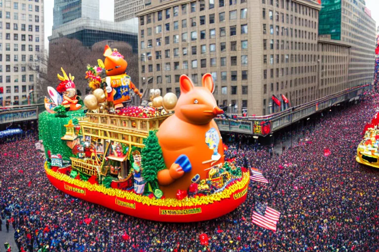 Image similar to photo of giant beautiful elaborate parade float designed by richard scarry, in the macys parade, detailed 4 k photo,