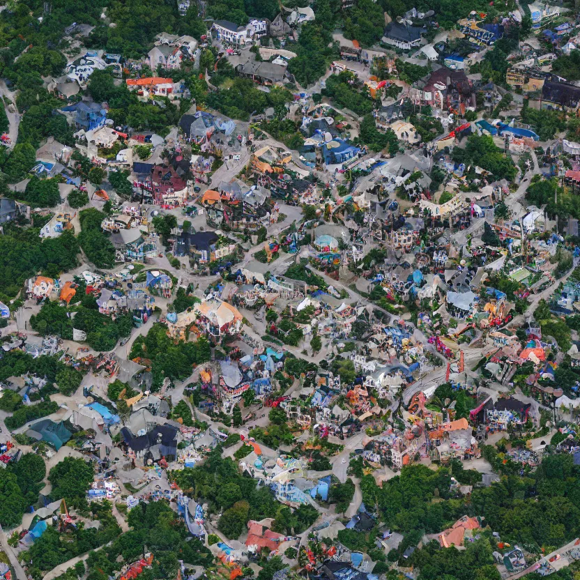 Prompt: aerial view of fantasy town with a wizard's tower in the middle, photograph, 8 k