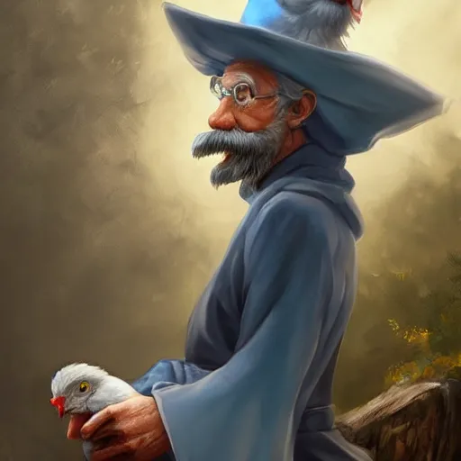 Image similar to a kind old wizard with a long white beard looking a confused, holding a pet chicken perched top of his hat, wearing a blue robe, grey eyes, realistic, detailed, trending on ArtStation, by Tony Sart