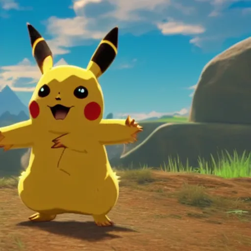 Image similar to Film still of Pikachu, from The Legend of Zelda: Breath of the Wild (2017 video game)