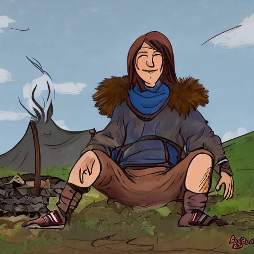 Prompt: Ymir sitting at a fire camp in Jötunheimr. Digital art.