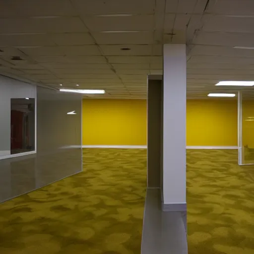 Prompt: The backrooms, a yellow infinite empty office space with long corridors and empty cubicles, lit by yellow fluorescent ceiling lights, stained carpet floor, old, stained wallpapers