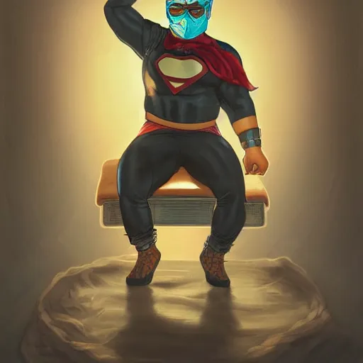 Image similar to an insanely detailed painting of a chubby nerdy asian man wearing a homemade superhero costume and mask, sitting at a computer desk typing on the keyboard, in the style of peter mohrbacher, dramatic lighting and composition, trending on artstation, concept art, comic book, graphic novel, back view