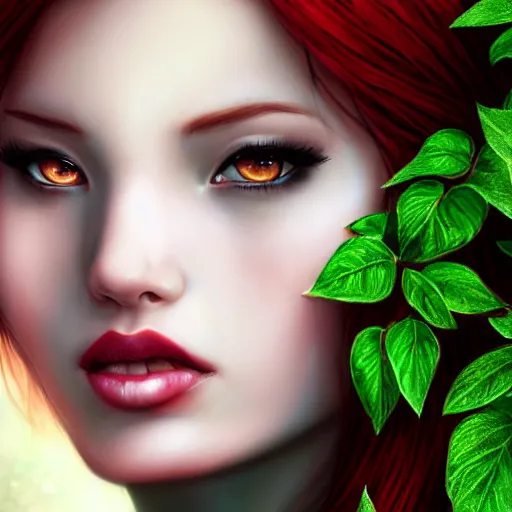 Prompt: sexy poison ivy, 8 k, hyperrealistic, asian hyperdetailed, beautiful face, long red hair, green eyes, dark fantasy, fantasy portrait by laura sava, ivy