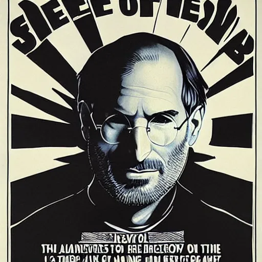 Image similar to Steve Jobs depicted in an old style propaganda poster