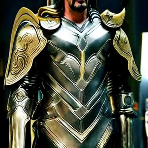 Prompt: Keanu Reeves as Zeus from Thor Love and Thunder, cinematic, Asgard, luxurious, chic intricate gold Greek battle armor