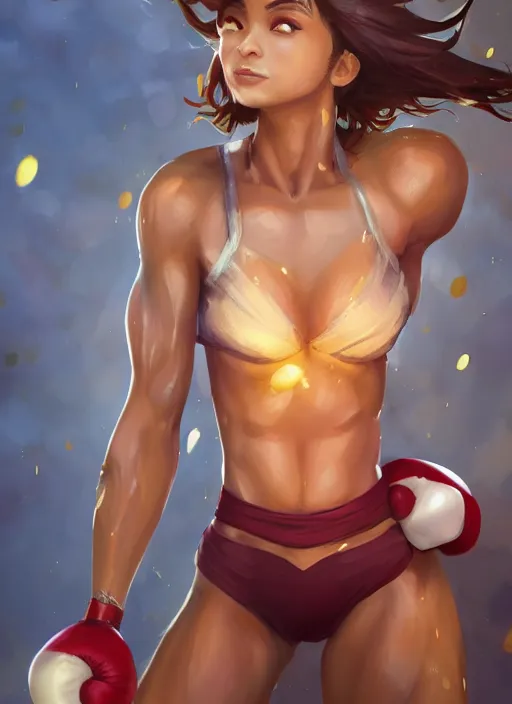 Image similar to fitness taliyah, from league of legends, au naturel, exhibant, boxing, in shape, hyper detailed, digital art, trending in artstation, cinematic lighting, studio quality, smooth render, unreal engine 5 rendered, octane rendered, art style by klimt and nixeu and ian sprigger and wlop and krenz cushart
