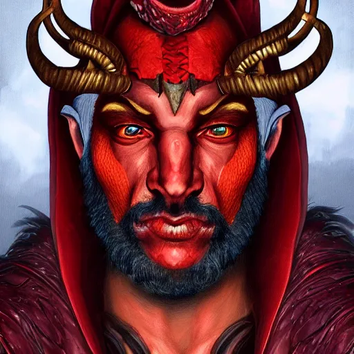 Image similar to dnd style portrait of a tiefling, male, red scales, red skin, a big black beard, completely golden eyes, 2 black ram horns growing out of his forehead,