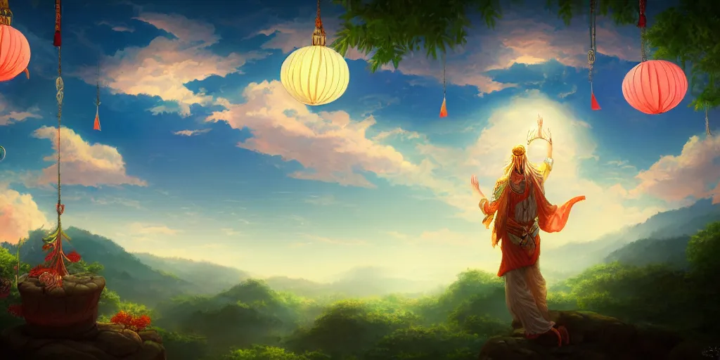 Image similar to painting of wind god enjoying the view from his stone heavenly palace, decorated with windchimes and paper lanterns, nature and clouds in background, digital art, trending on artstation