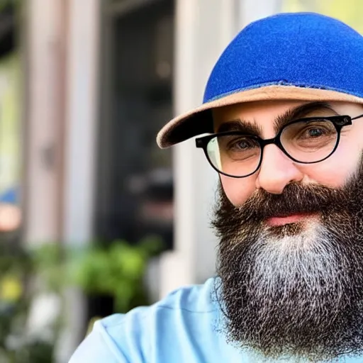 Image similar to a middle age bearded social media dork with flat 🧢 cap and a fake guru vibe