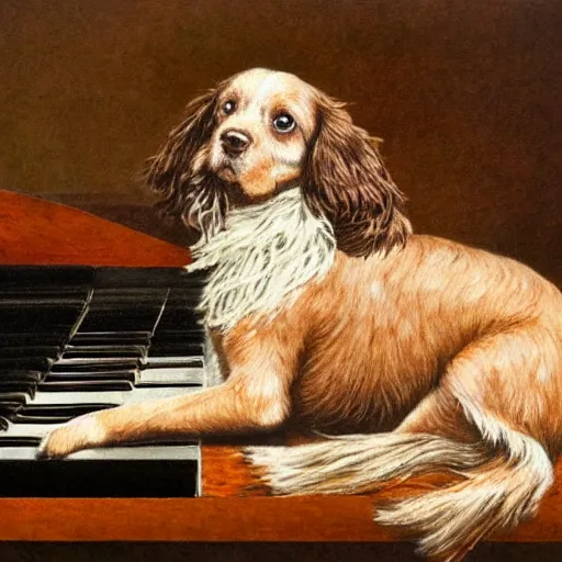 Image similar to a brown and white sprocker Spaniel playing a grand piano, pointillism, fine art