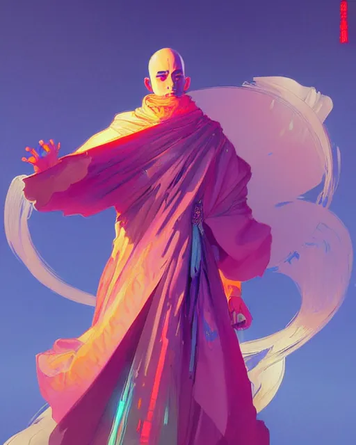 Prompt: a robot monk wearing a flowing cloak, vaporwave aesthetic, colorful, psychedelic, digital painting, artstation, concept art, smooth, sharp focus, illustration, art by artgerm and greg rutkowski and alphonse mucha