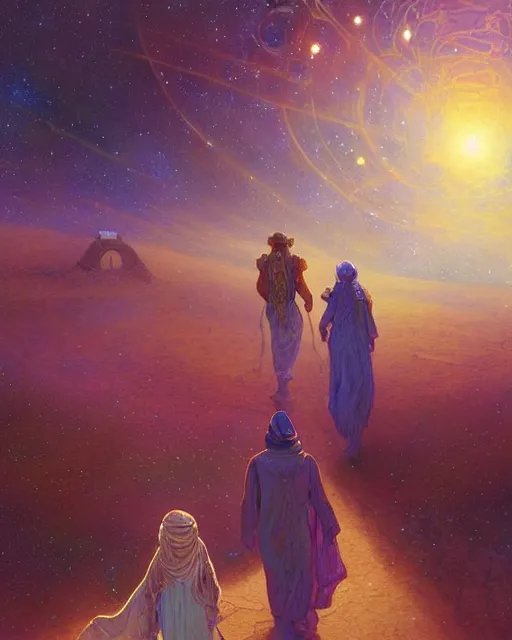 Image similar to bedouin man and woman and child in galaxy walking towards mosque surrounded by nebula, highly detailed, gold filigree, romantic storybook fantasy, soft cinematic lighting, award, disney concept art watercolor illustration by mandy jurgens and alphonse mucha and alena aenami, pastel color palette, featured on artstation