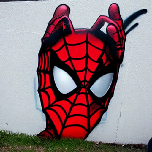 Image similar to graffiti art of spiderman wearing a latex mask of a pitbull dog