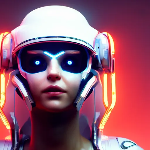 Prompt: portrait of a cyborg woman in white sci - fi helmet stylized as cyberpunk 2 0 7 7 style game design fanart by gervasio canda, greg rutkowski, shishkin, neon glow, volumetric illumination, ray tracing, cryengine, hdr render in unreal engine 5