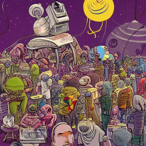 Prompt: crowded extraterrestrial bazaar on another planet, Jim Henson creature shop, highly detailed, illustration